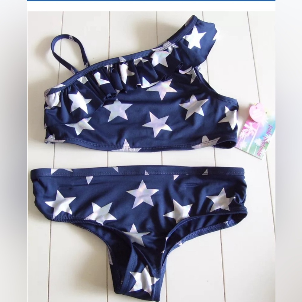 Girls Pink Platinum Navy Blue 2 Pc Shimmery Star Bikini Swimsuit Sz 18months NWT